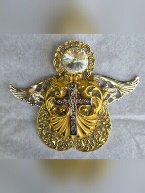 Vintage Signed Rosemary Nelson 1995 Mixed Metal Angel Brooch Pin Crystal Head